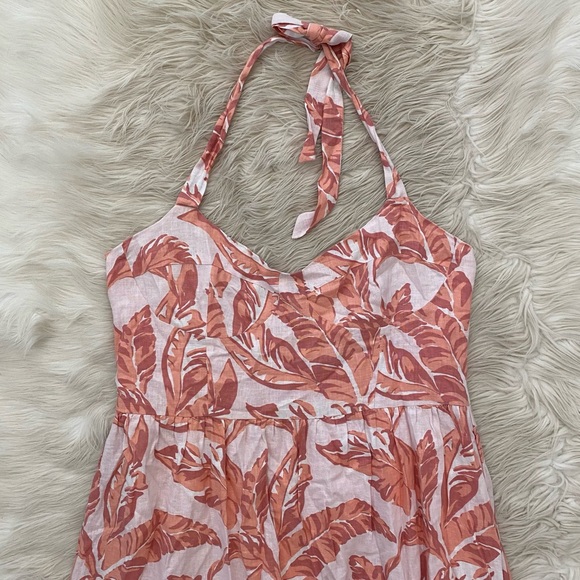 Bardot Linen Blend Pink Palm Leaf Halter Neck Flowy Tropica Midi Dress Revolve - Picture 3 of 13